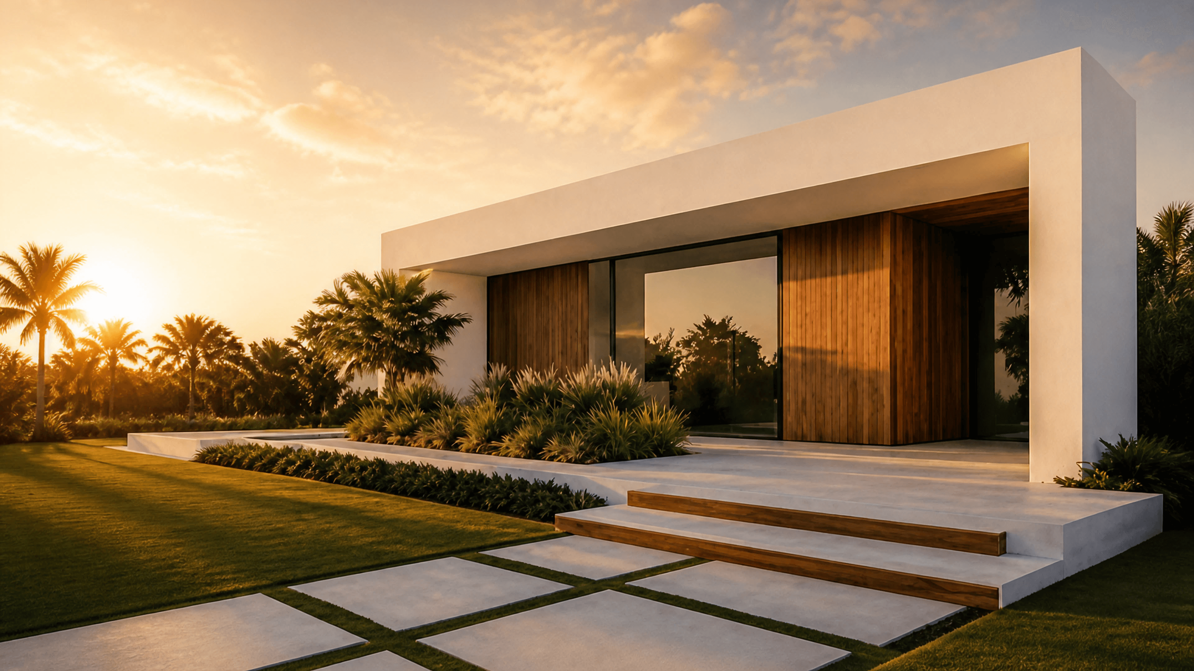 Modern home at sunset